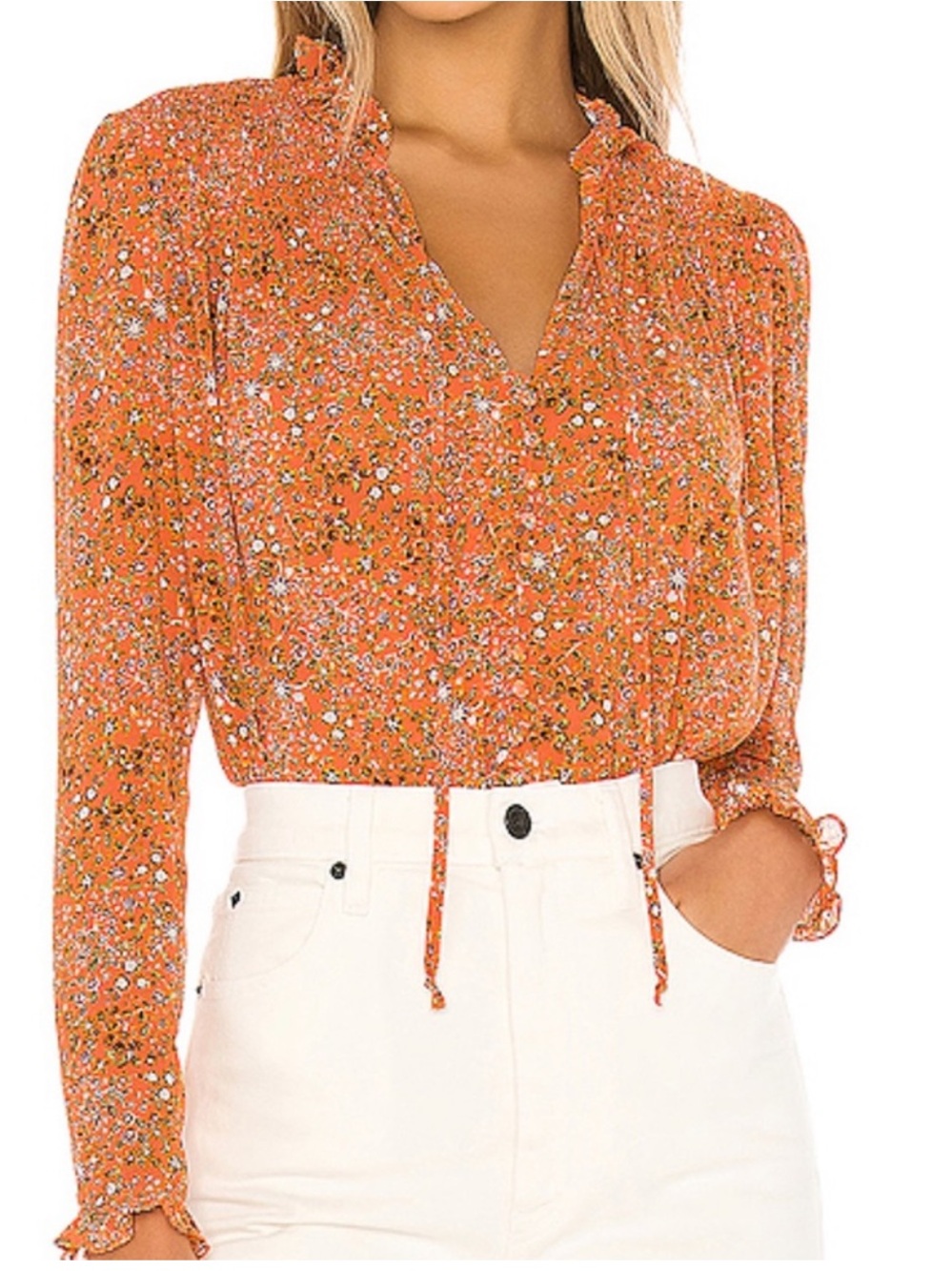 Free People Lela Blouse Orange Smocked Back Top.Side XS